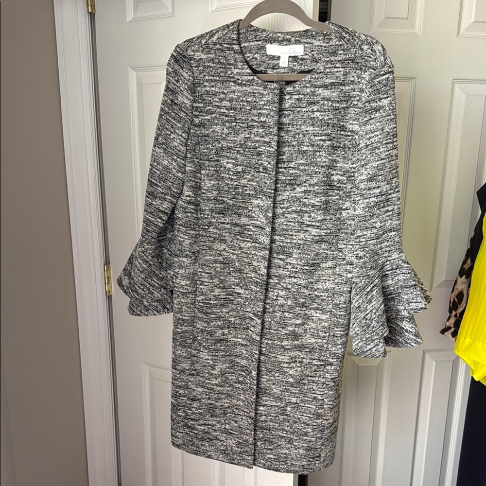 Emerson Rose black and white knit long line blazer coat with flared sleeve
